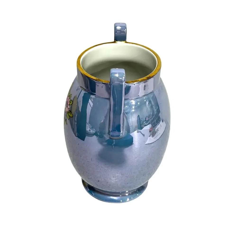 Vintage Japan Vase blue lustre ware urn shape side handles floral decorative